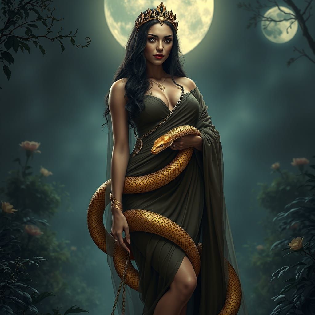 Dark Goddess Lilith in Ethereal Moonlit Garden