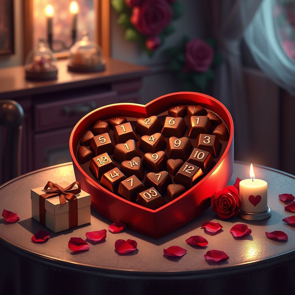 Hyperrealistic Cozy Scene with Heart-Shaped Chocolates and R...