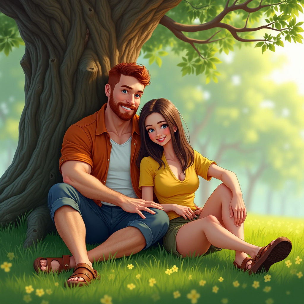 Couple Relaxing in Spring, Matte Painting Style