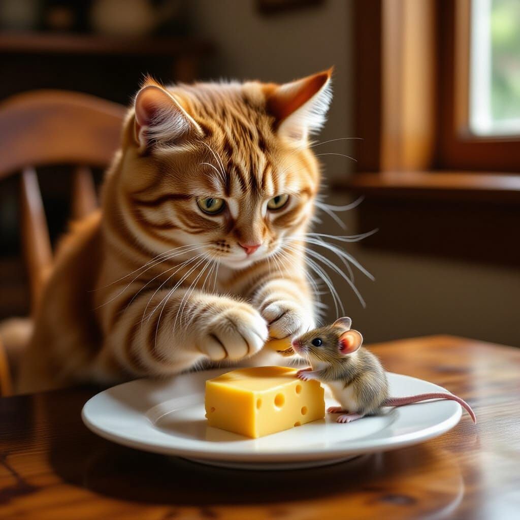 Ginger Cat Gently Lifts Mouse to Reach Cheese