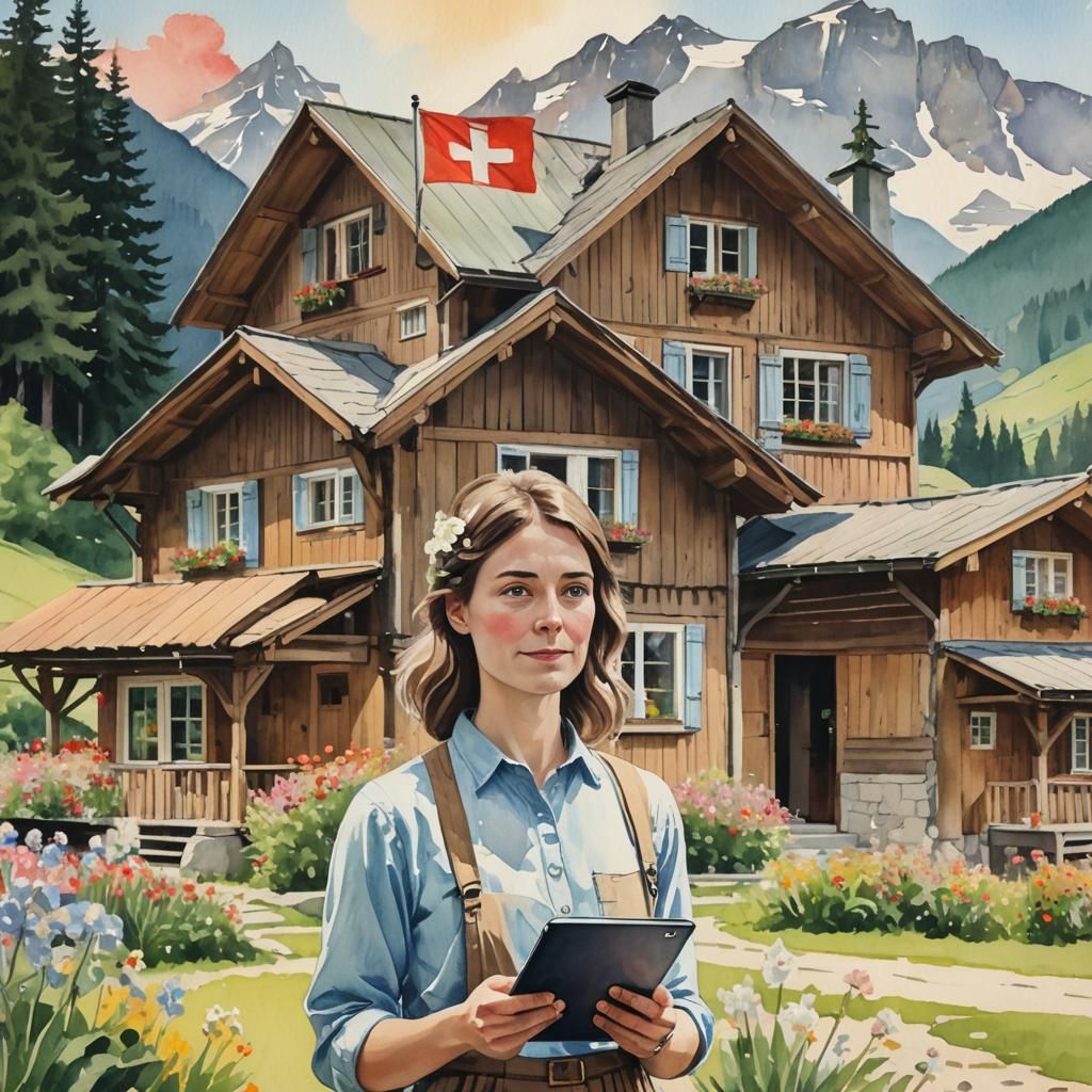 Swiss Chalet Woman with Tablet in Watercolor Style
