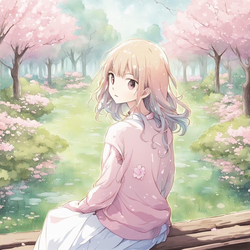 Serenely Sitting Anime Girl with Gray Wolf Companion