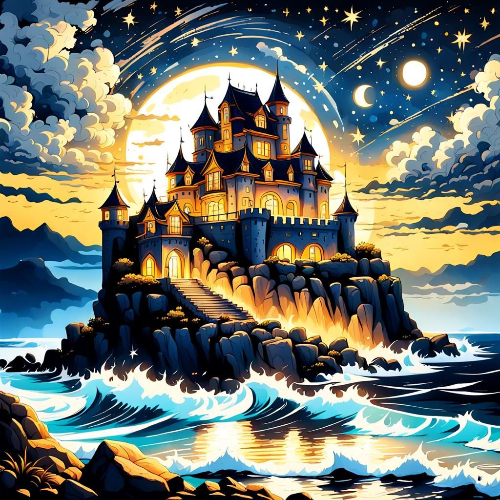 Ocean Castle at Night in Ukiyo-E Style