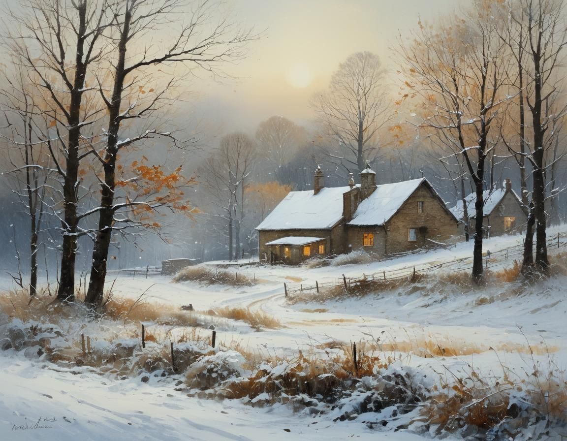 First Snow on a Quiet Autumn Evening Watercolor
