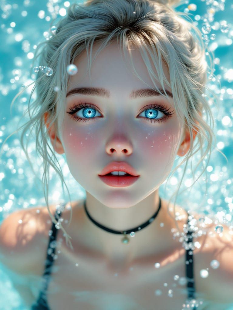 Anime Woman with Luminous Eyes in Turquoise Water