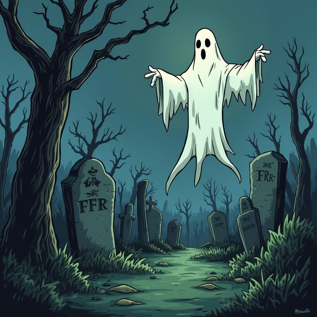Cartoon Ghost in Graveyard, Gothic Illustration