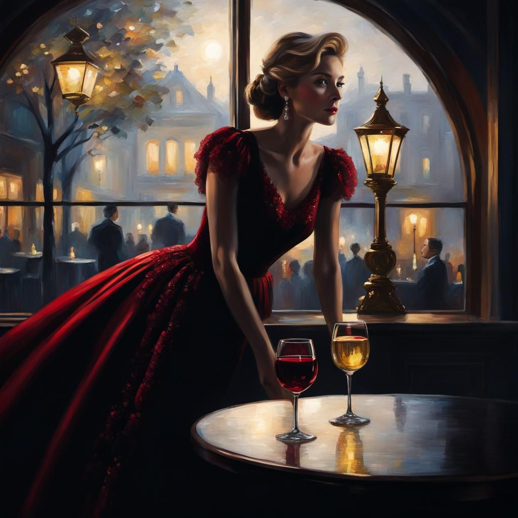 Elegant Woman with Wine, Impressionistic Style