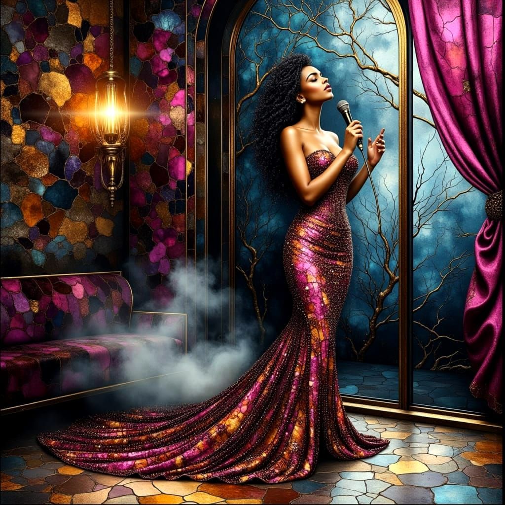 Glamorous Singer Performs in a Luxurious Velvet Club