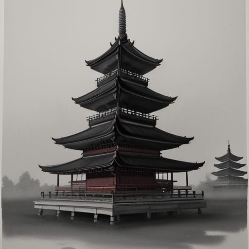 Ink Wash Painting of a Serene Pagoda in Misty Sky