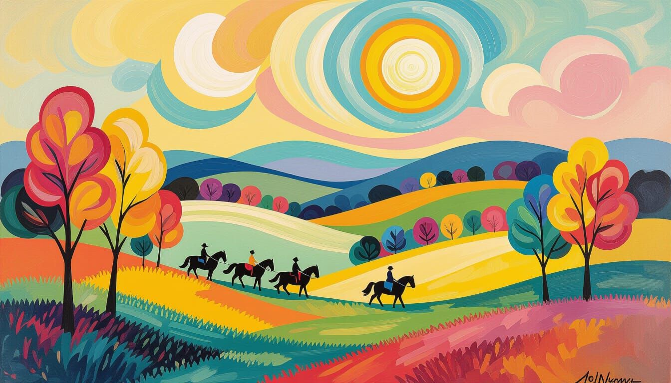 Vibrant Spring Landscape with Swirling Trees and Sun in Lero...