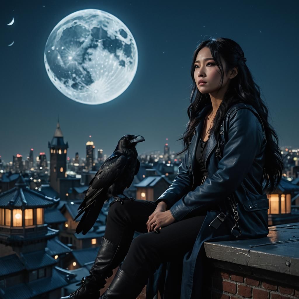 Asian Thief with Raven in Fantasy Cityscape