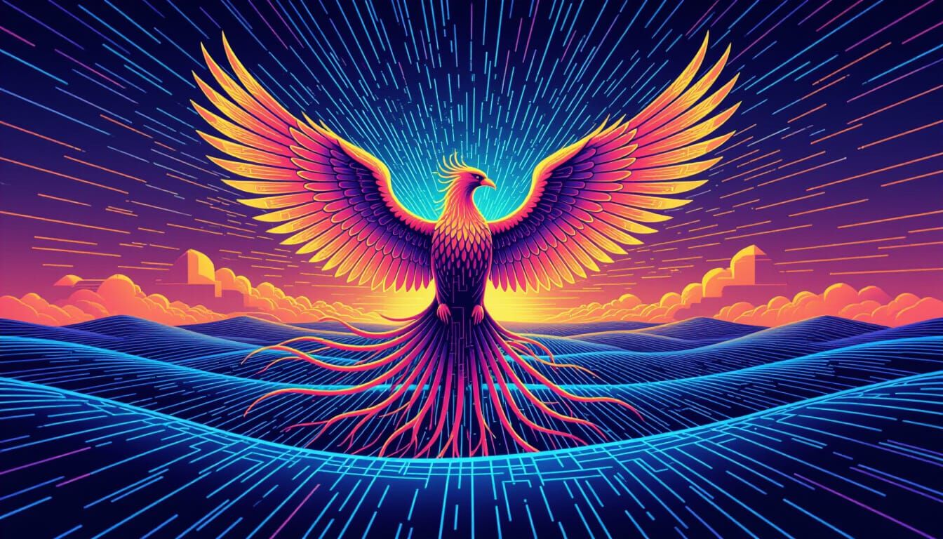 Digital Phoenix Rising: Synthwave Vector Art