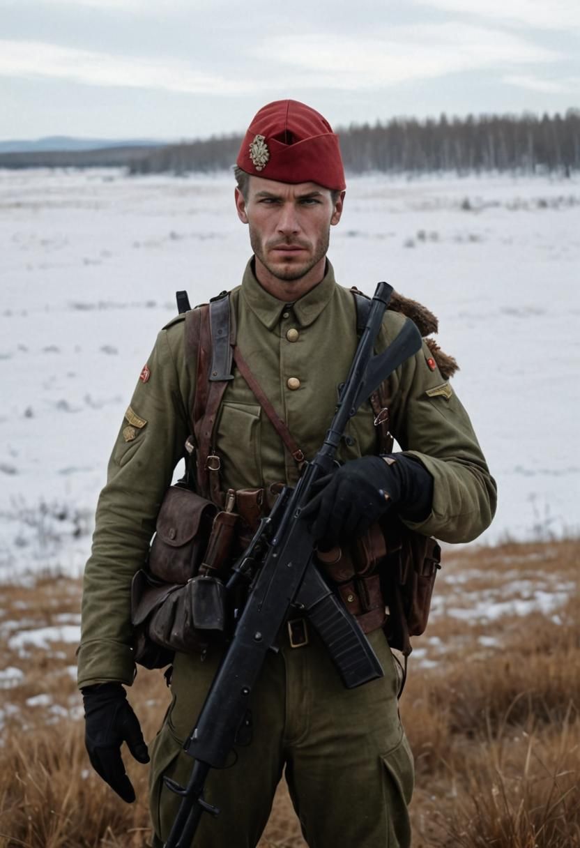 Finnish Soldier in Soviet Uniform on Siberian Steppe
