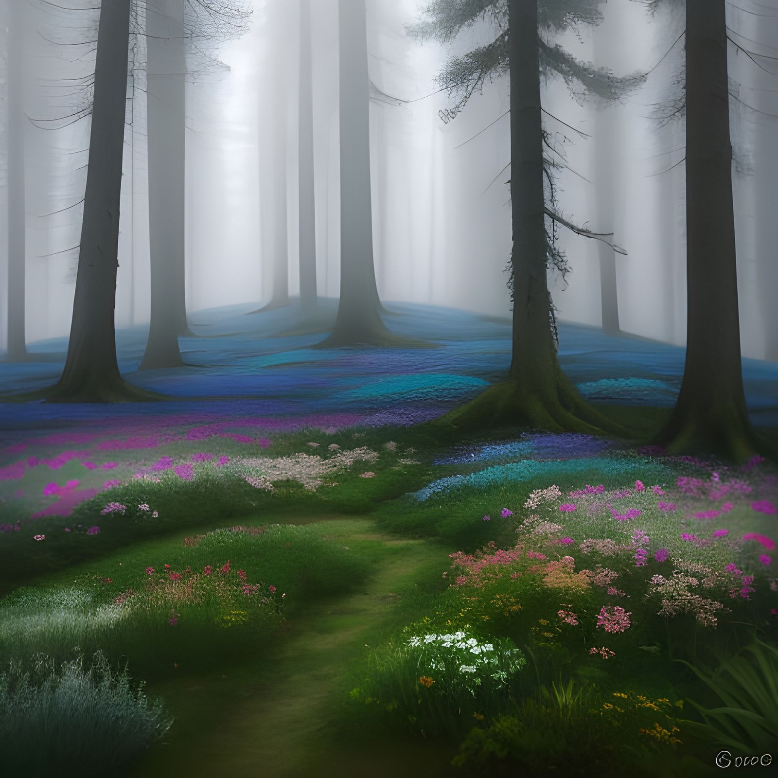 Hyperrealistic Mist and Fog in Floral Forest