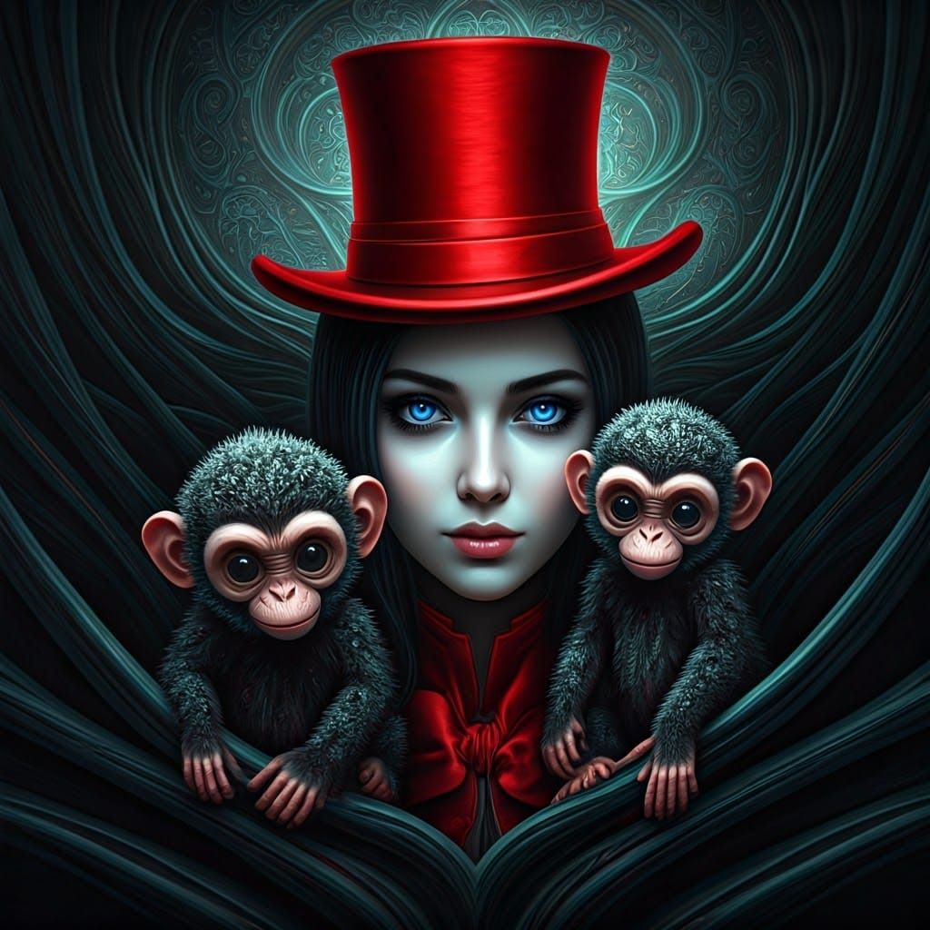 Dark Fantasy Woman with Monkey Cubs, as 3D Oil Painting