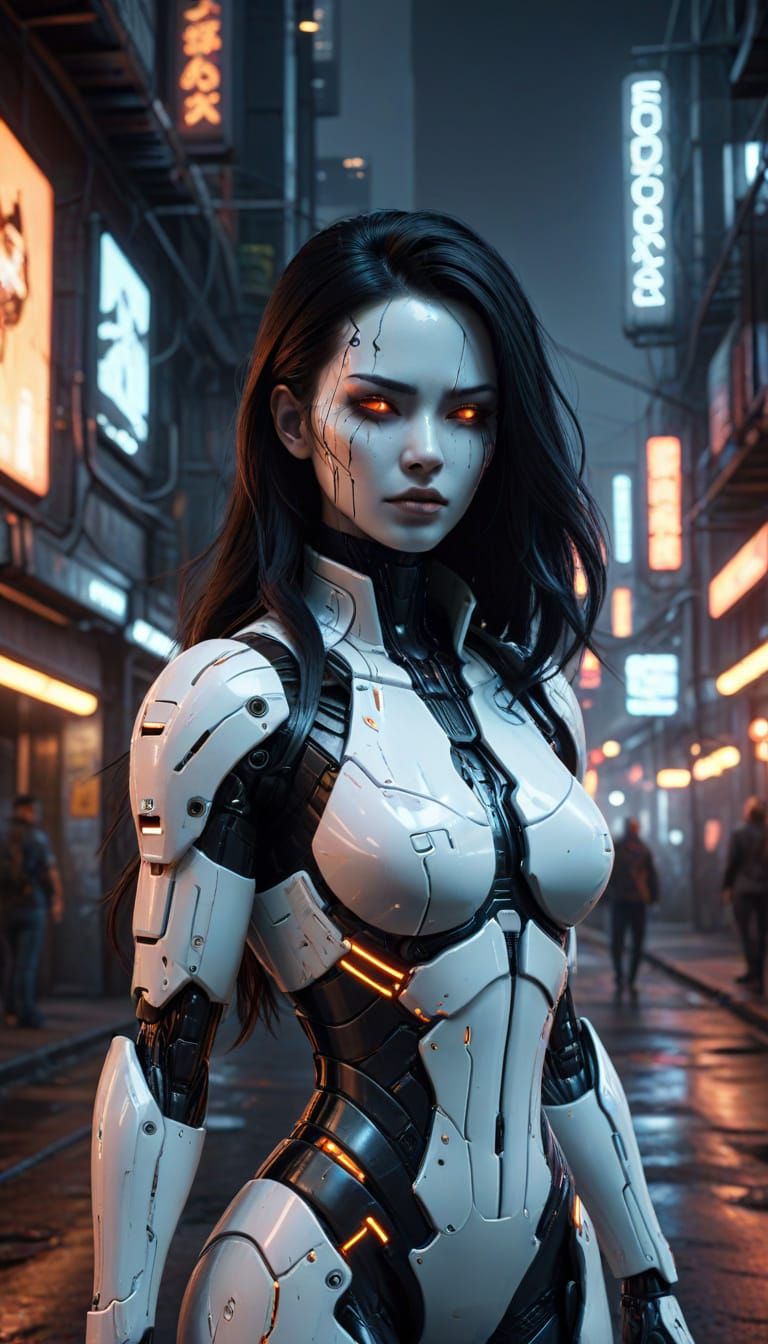 Cyberpunk Android with Neon Reflections in Sci-Fi Cityscape