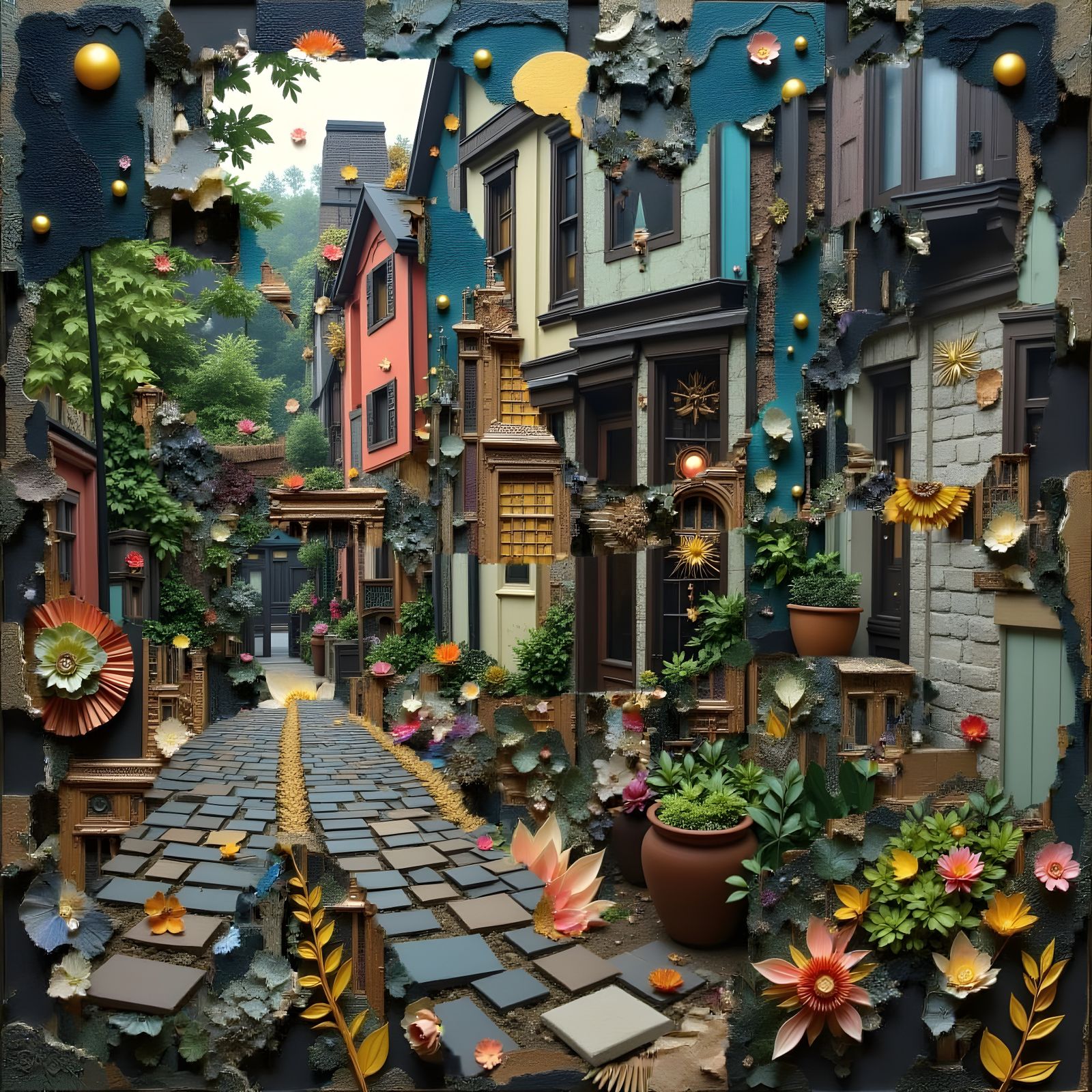 Surreal Paper Collage Labyrinth with Hidden Eyes