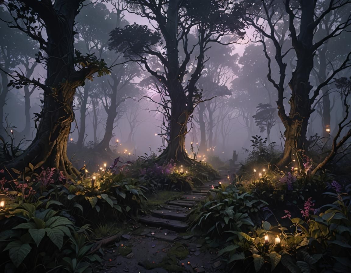 Mystical Forest: Fairy Lights in Dark Fantasy Style