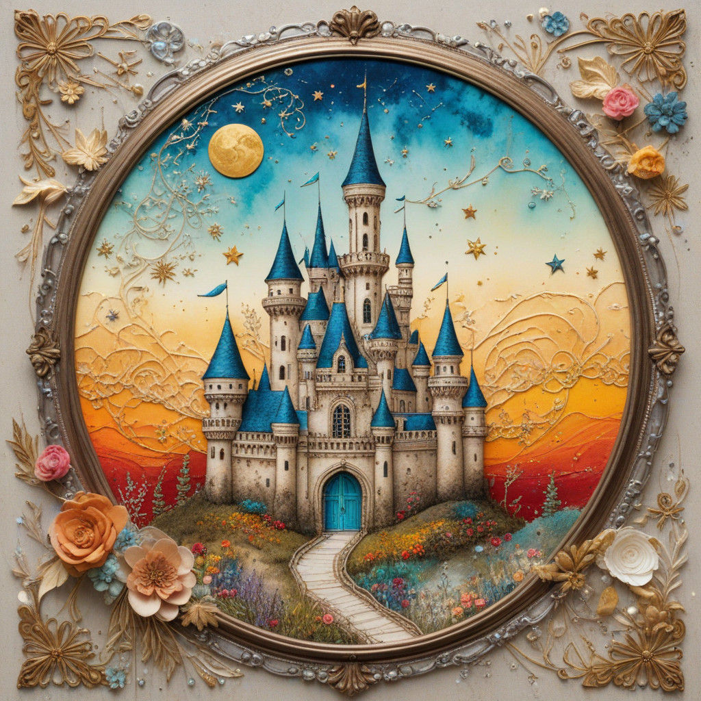 Whimsical Castle Dreamscape in Distressed, Antique Aesthetic