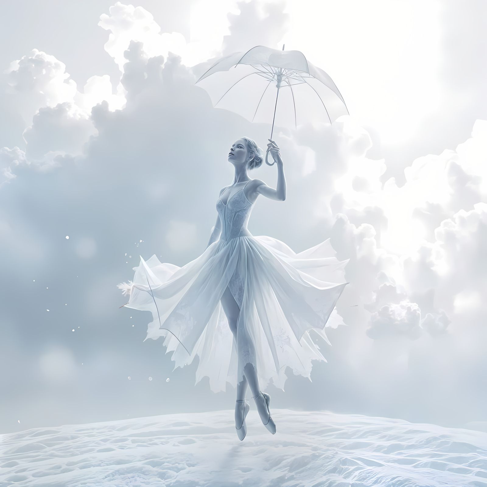 Ethereal Ballerina Under Snowy White Umbrella in Cosmic Danc...