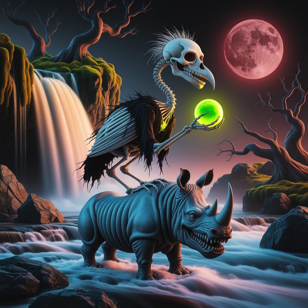 Skeletal Bird with Glowing Orb on Rhinoceros