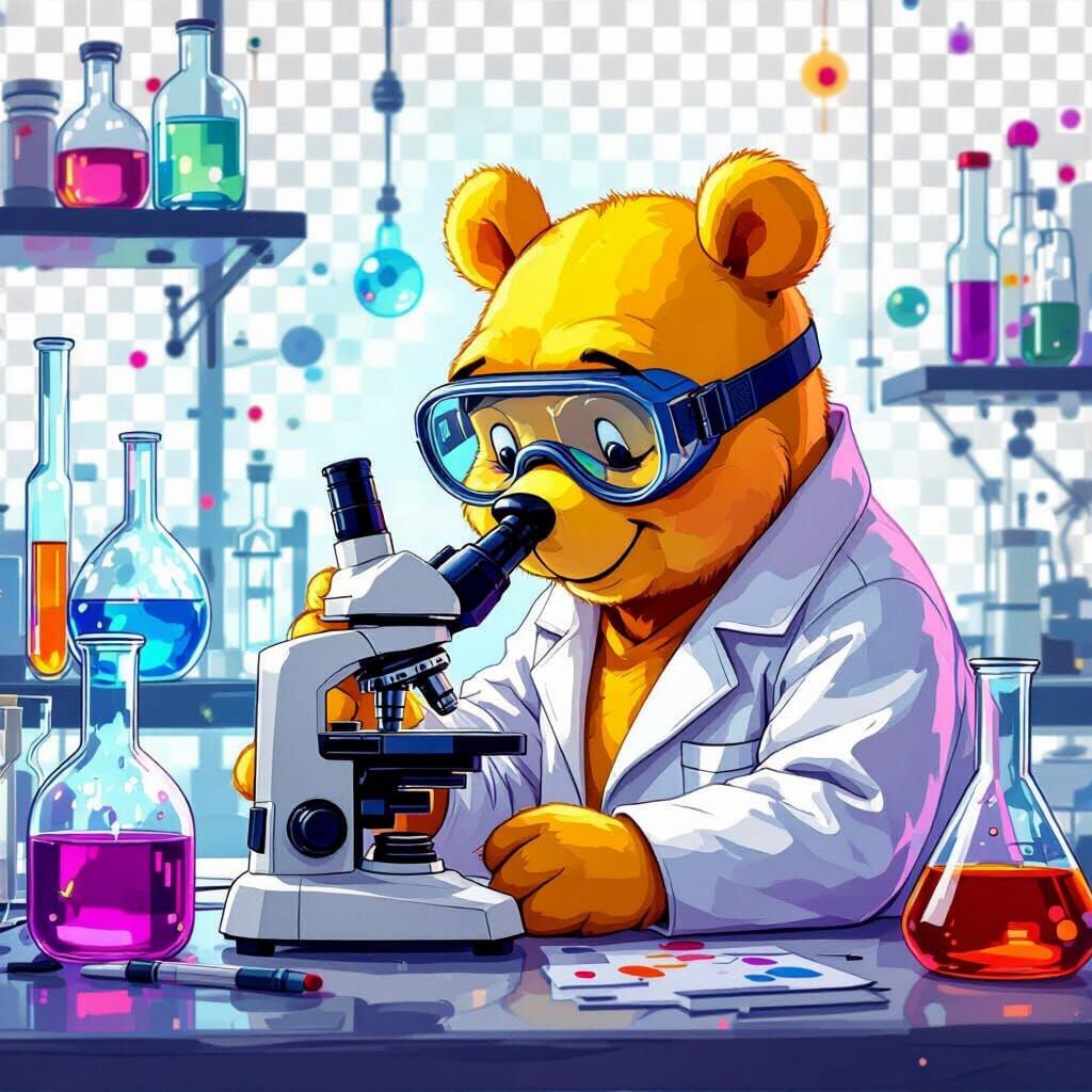 Winnie the Pooh, Scientist, in Neon Watercolor Lab