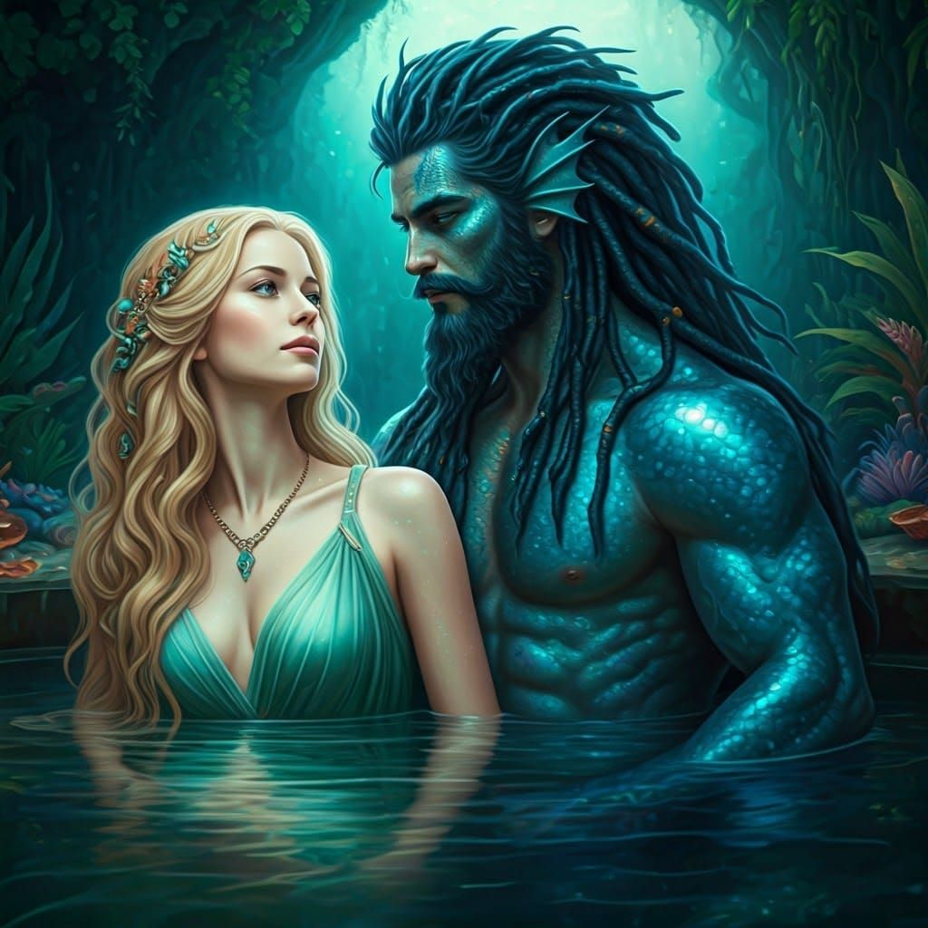 Romantic Sea King and Maiden in Underwater Bath