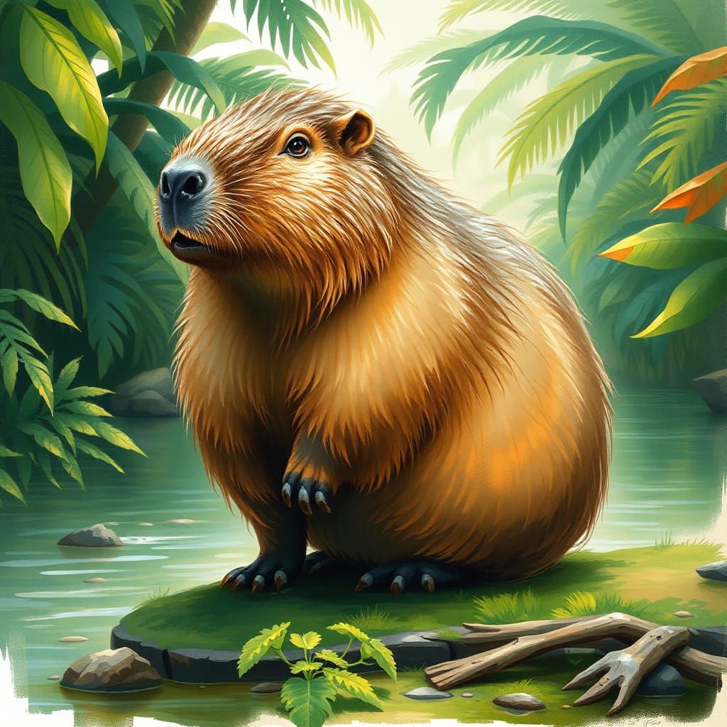 Capybara on Riverbank in Colorful Artistic Style