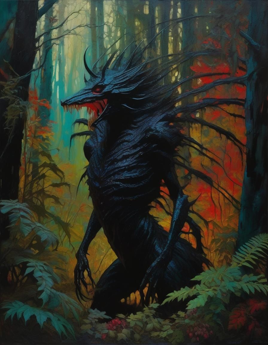Slender Nightmare Monster in Dark Forest, Neo-Expressionism