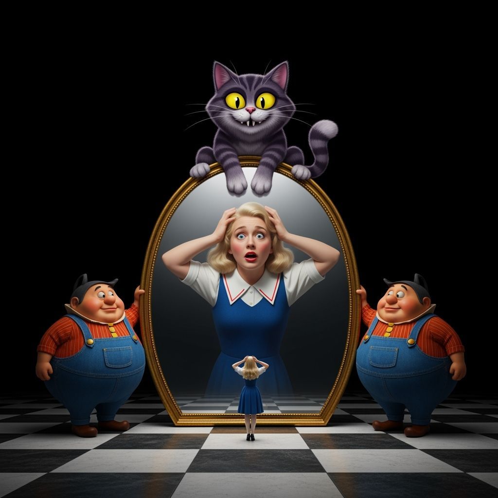 Tweedle Dee & Dum Hold Mirror With Horror Reflection