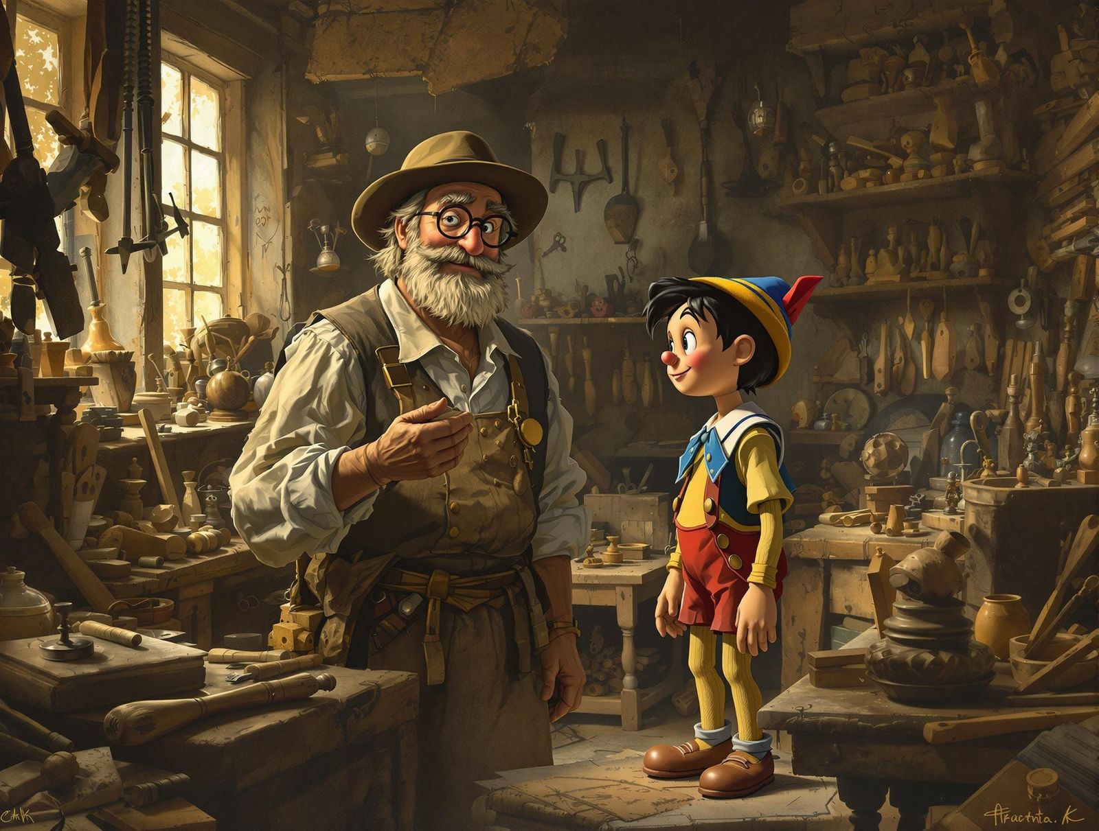 Jepetto and Pinocchio in Sepia-Toned Workshop