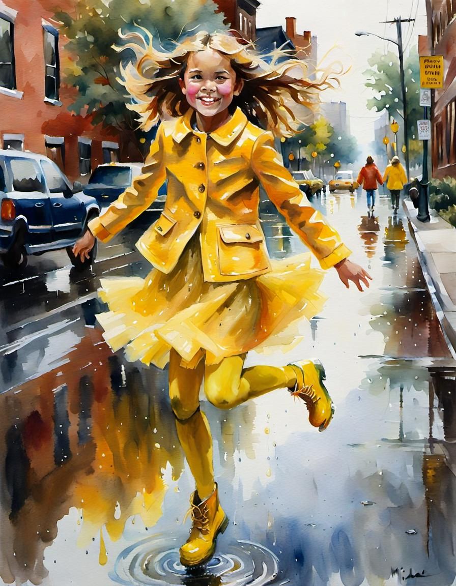 Girl in Yellow Jumping Puddle: Watercolor Painting