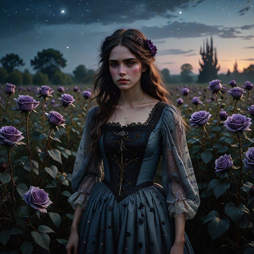 Gothic Romance: Lady Amidst Black Roses Under Constellation ...