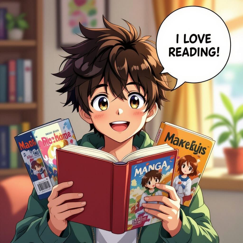 Anime Character Reads Manga with Joyful Expression