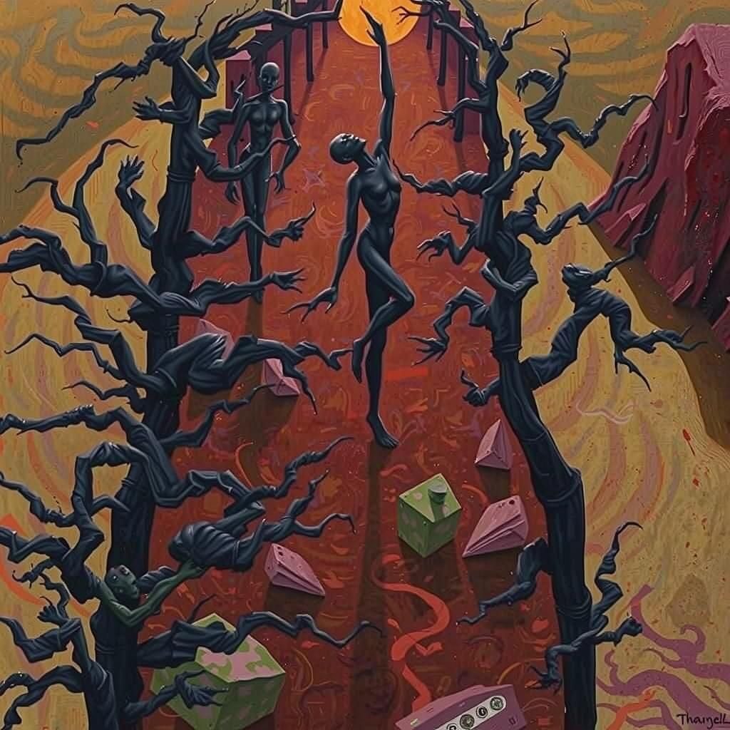 Human figures with sinuous, elongated limbs and distorted pr...