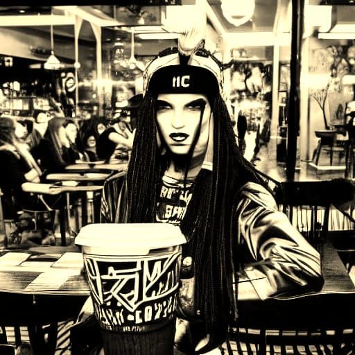 Cyber Goth Model in Coffee Shop Black and White Film
