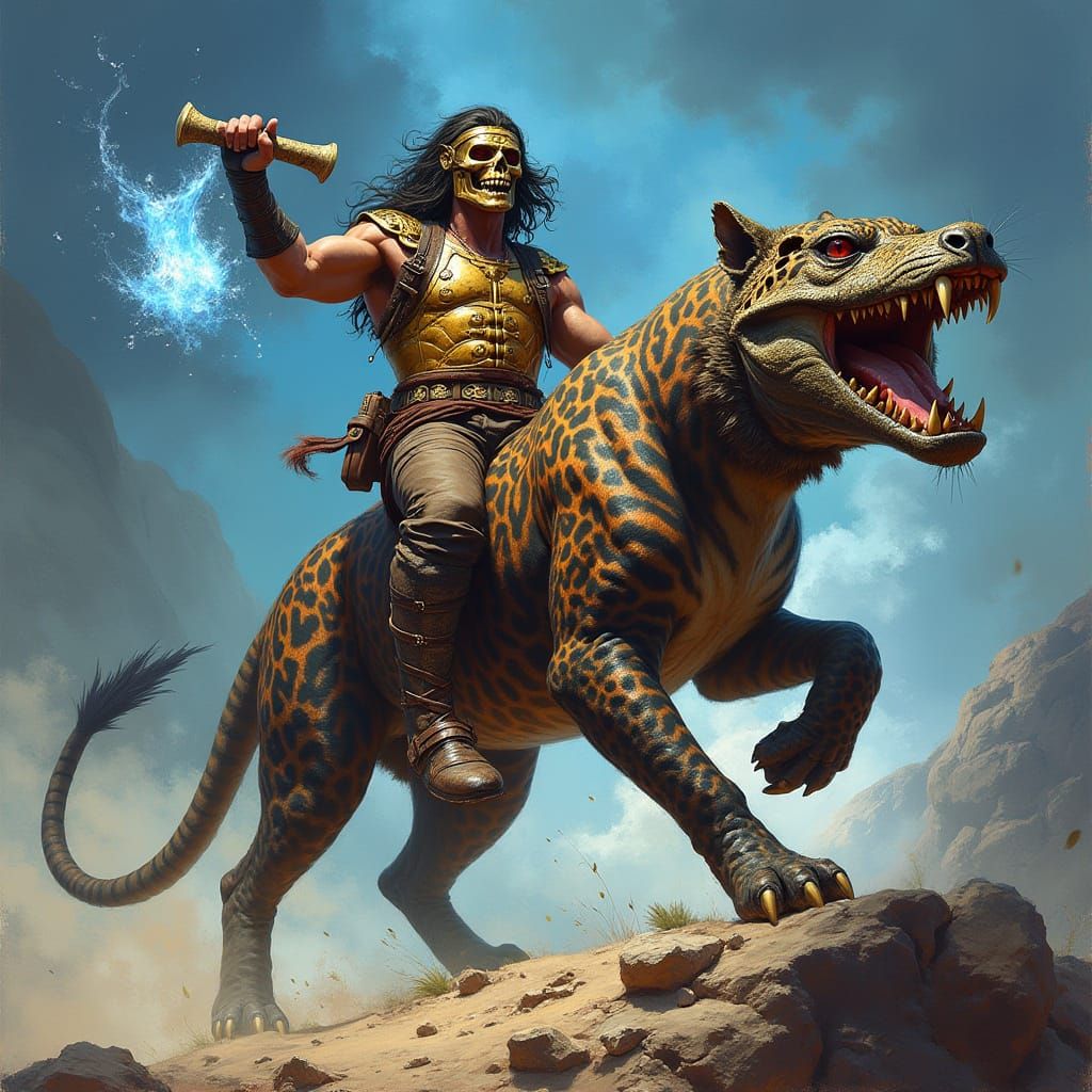 Jaguar Rider with Flaming Axe in Fantasy Art Style