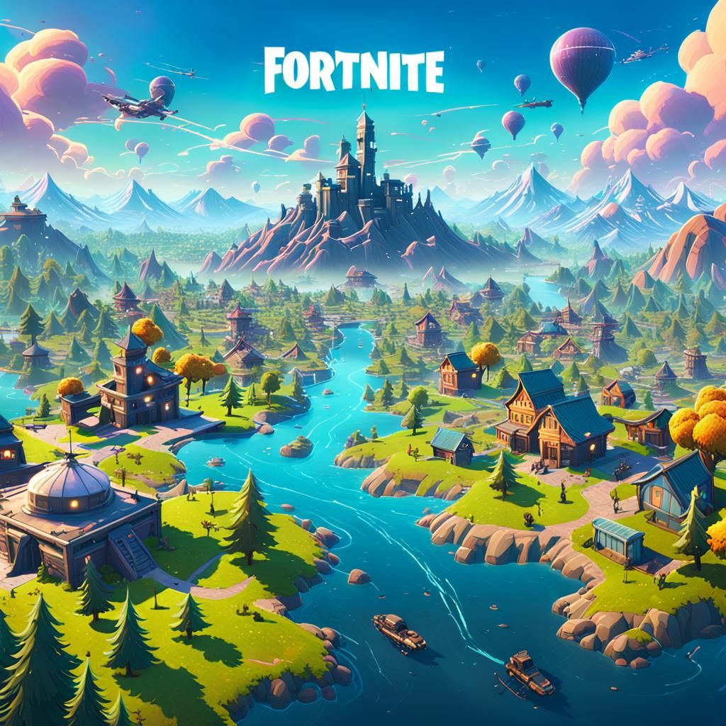 Epic Fantasy Fortnite Landscape in Vibrant Cyberpunk Style