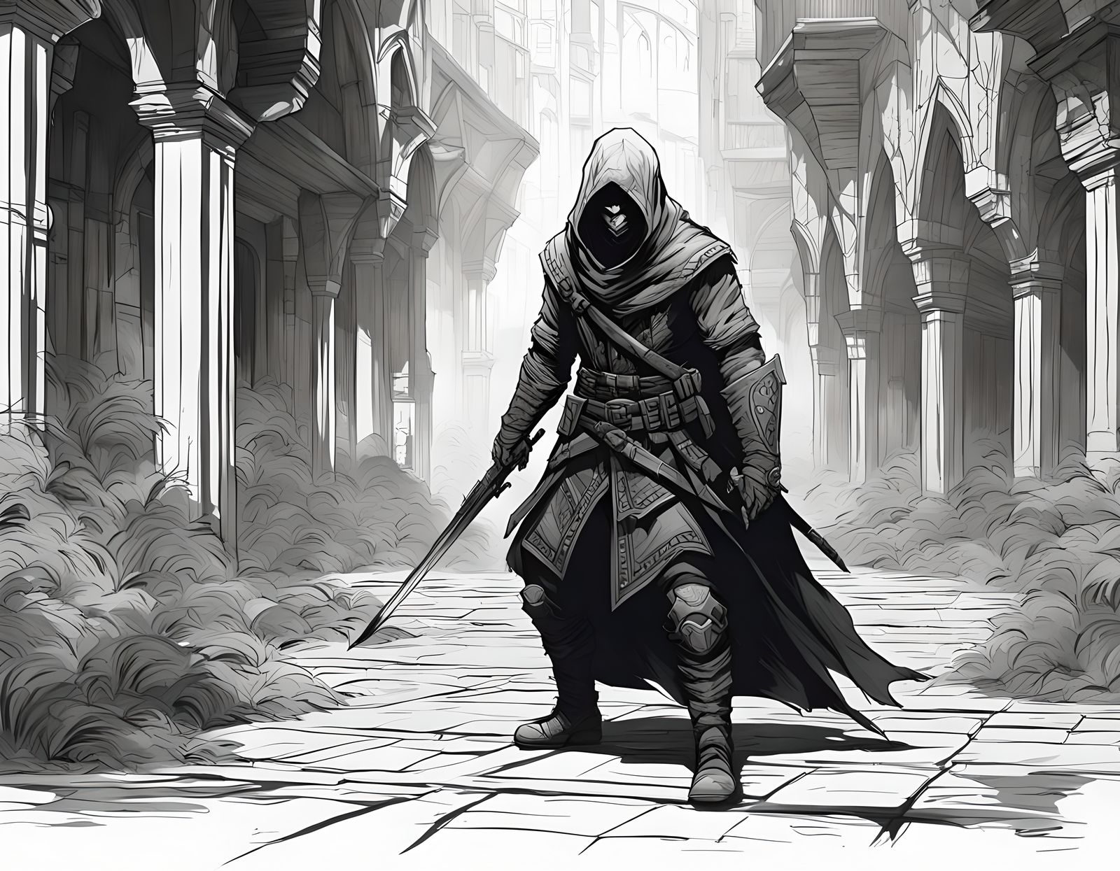 Assassin Hiding in Shadows: Black and White Sketch