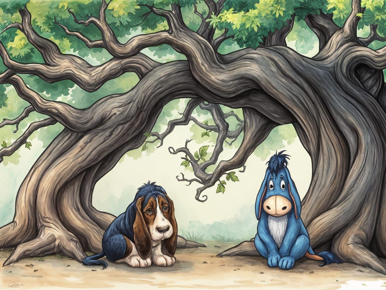 Basset Hound and Eeyore Sitting Under a Tree