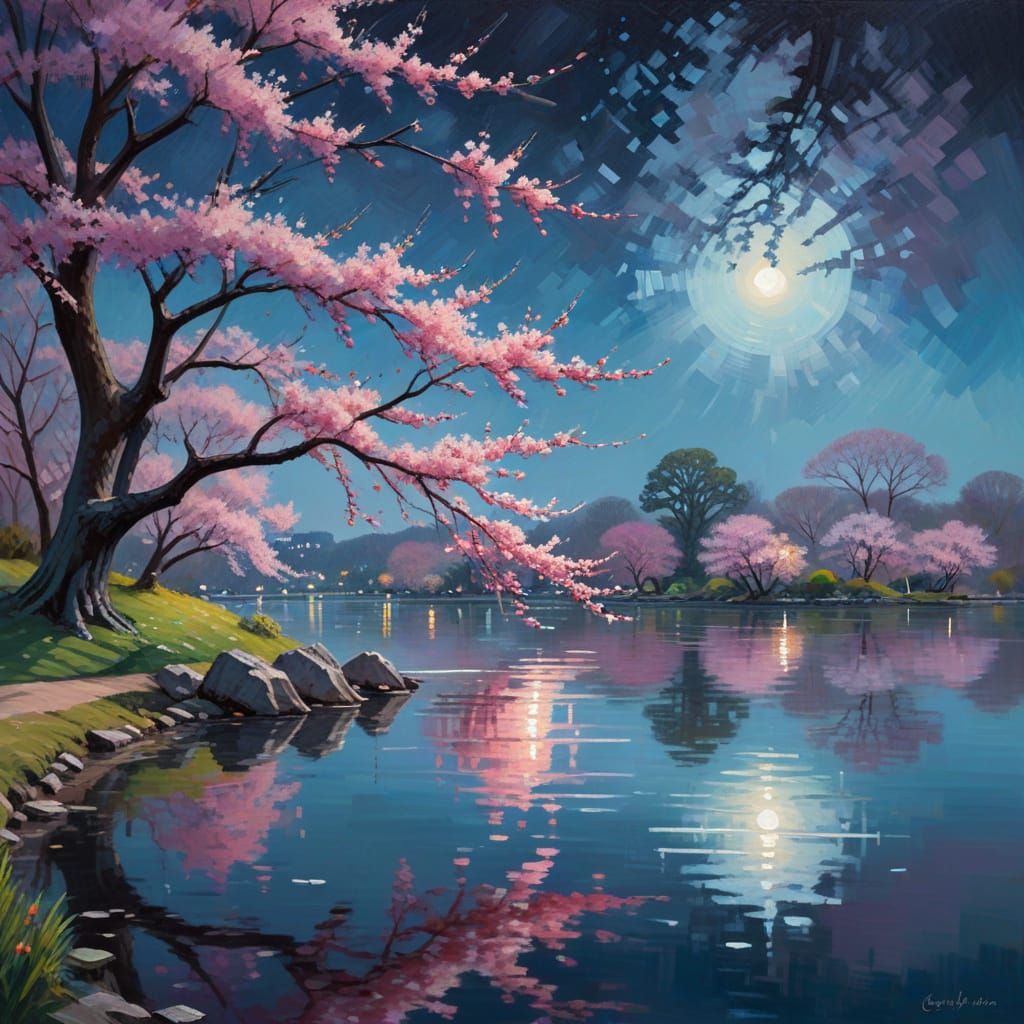 Dreamy Nocturne of Tidal Basin Cherry Blossoms in Claude Mon...