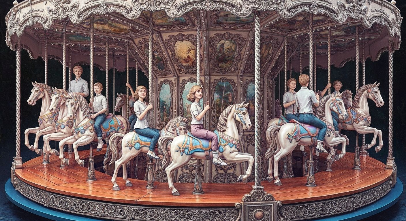 Vibrant Neon Mirage Carousel with Cheerful Youths