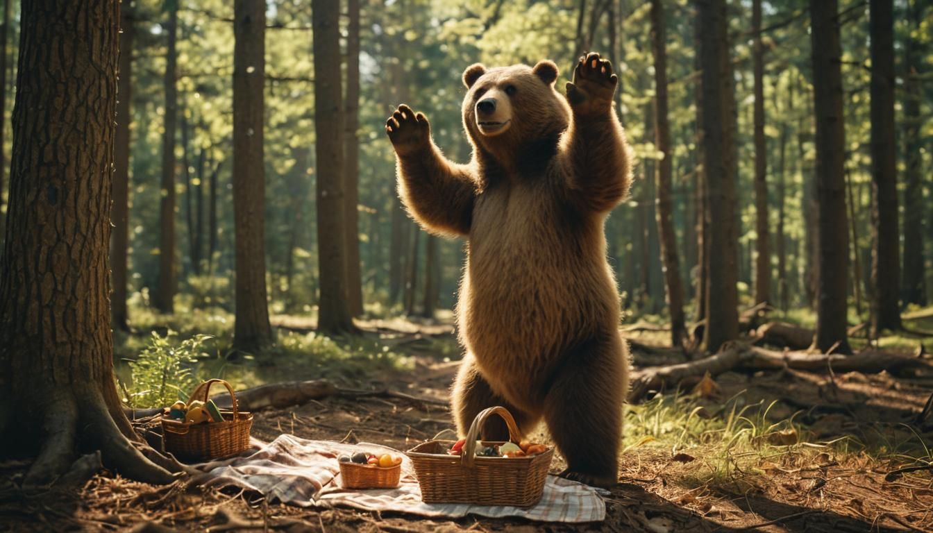 Yogi Bear Reaches for Picnic Basket in Forest