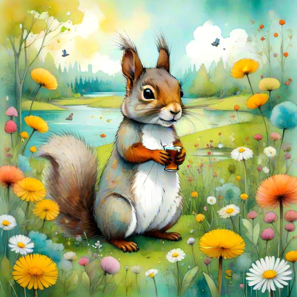 Surreal Garden Scene with Whimsical Wildlife and Vibrant Flo...