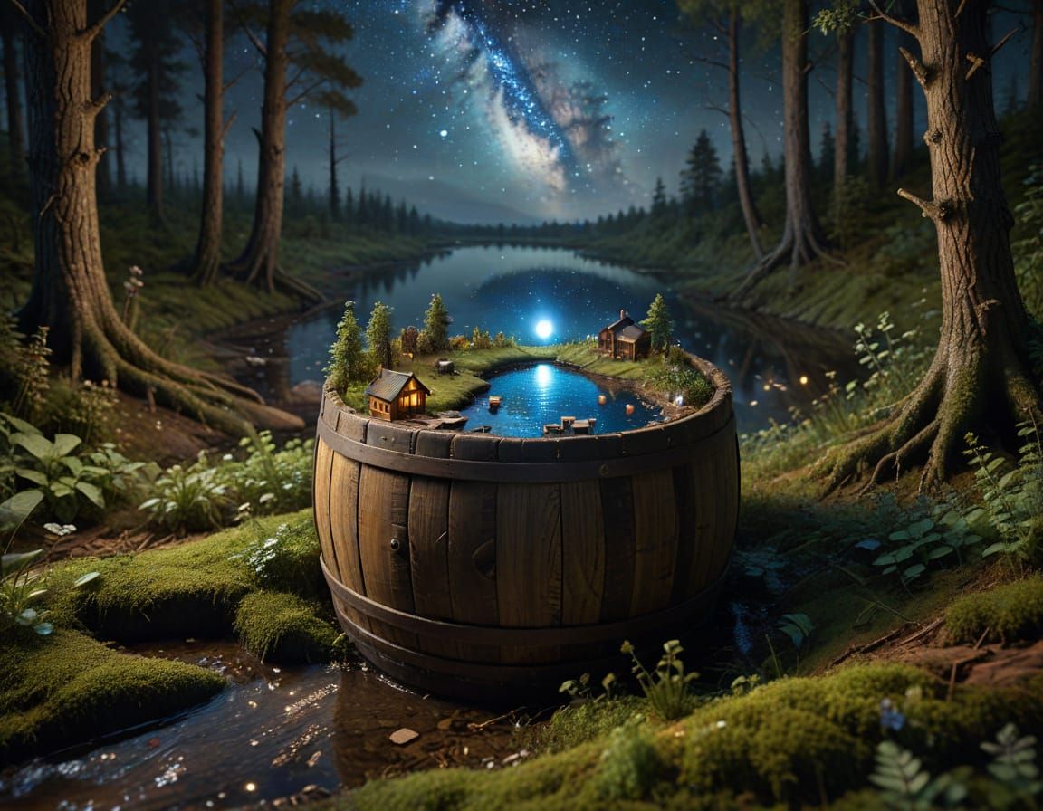 Miniature World Inside Forest Barrel Under Starry Sky