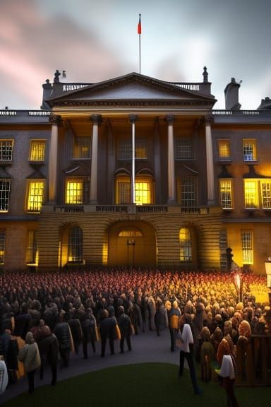 A huge crowd in front of a Buckingham Palace type building