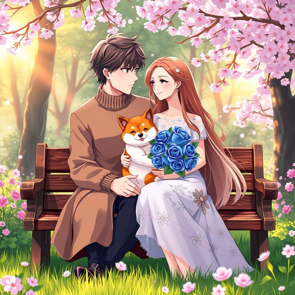 Anime Couple in Whimsical Morning Garden
