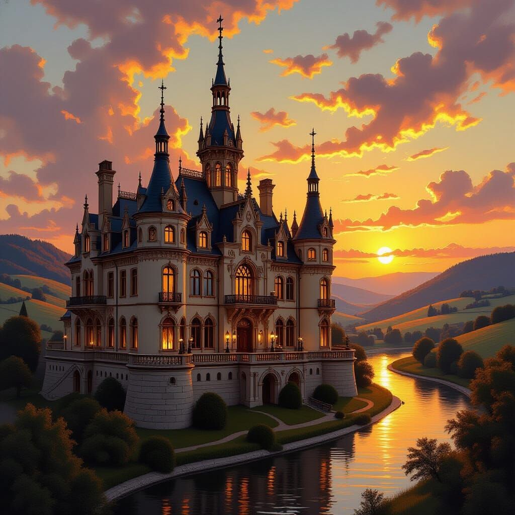 Gothic Castle at Sunset in Baroque Oil Painting Style