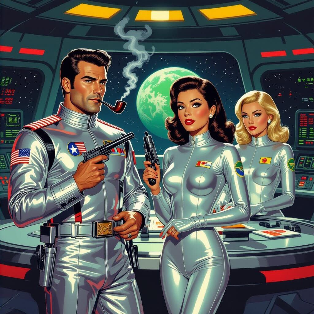 Retro Sci-Fi Crew on Transporter Pad