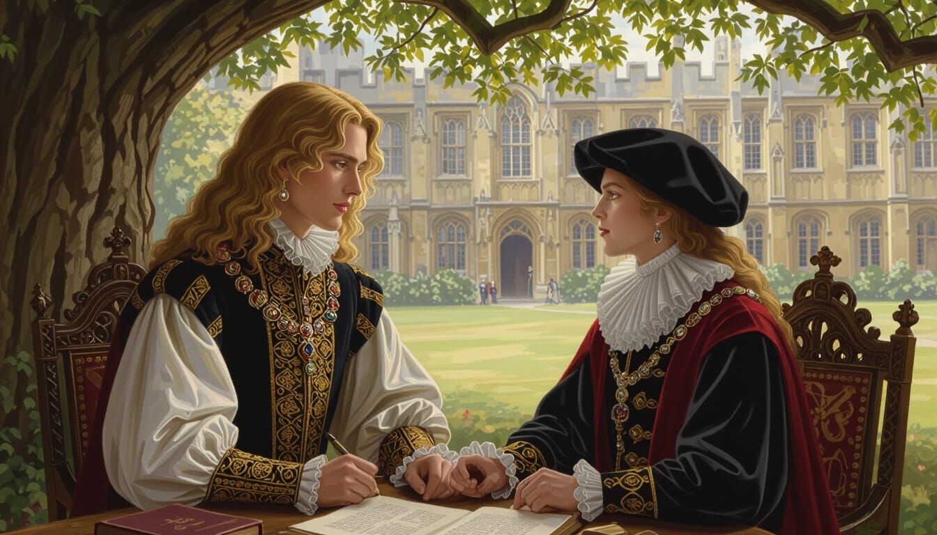 Secret Meeting at Cambridge: A Renaissance Oil Painting